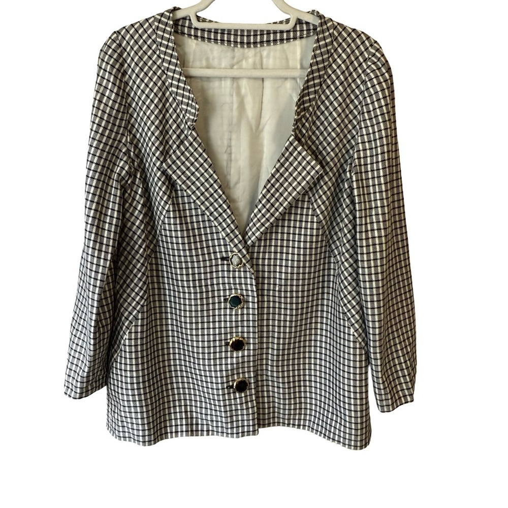 Vintage 80s 90s Black and White Wool Blend Checkered Blazer Size S M Minimalist
